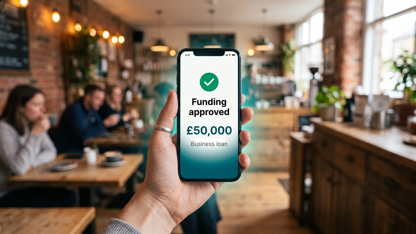 A hand holding a phone in a cafe. The screen reads: Funding approved, £50,000, Business loan.